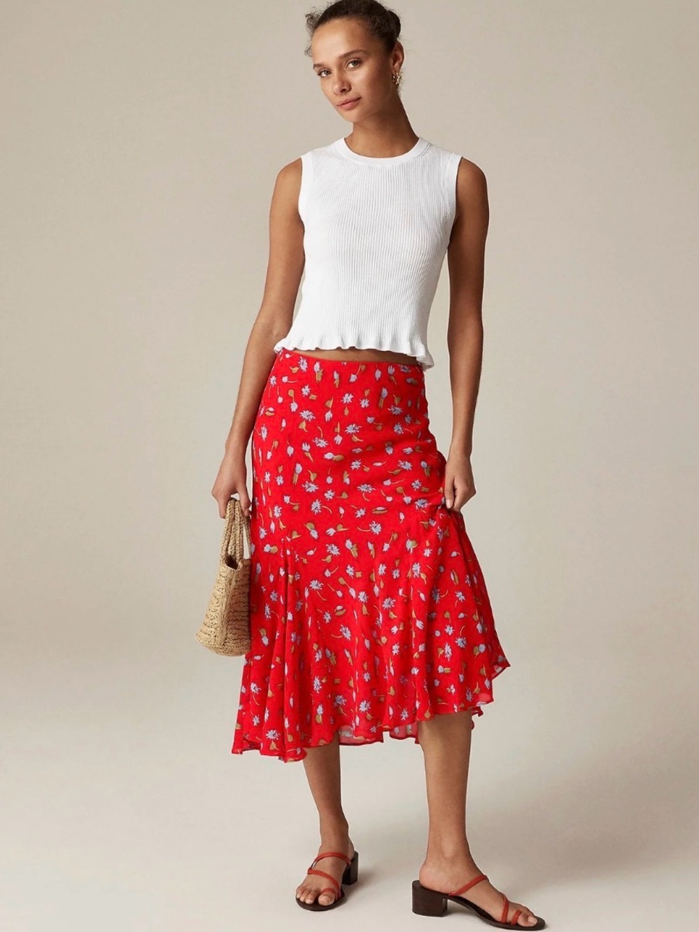 J. Crew Red Floral Midi Gwyneth Flounce-Hem Slip Skirt Chiffon Small Women’s